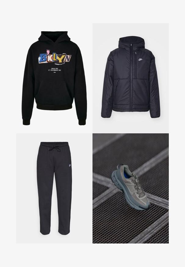 Čierna, polstrovaná bunda Nike so zipsom vpredu a kapucňou. Na ľavej strane hrude sa nachádza biele logo a sú tu dva predné vrecká. Hladký vonkajší povrch.; Čierna mikina s kapucňou a predným vreckom, s farebným grafickým textom "BKLYN" a "Spread Love, It's The Brooklyn Way" v bielej farbe, 1994.; Čierne tepláky vyrobené z mäkkej tkaniny s elastickým pásom, sťahovacou šnúrkou a malým logom Nike na ľavom stehne.; Béžová a šedá športová obuv s textúrovaným sieťovaným zvrškom, okrúhlou špičkou a gumovou podrážkou, vybavená šnúrkami a polstrovaným golierom.