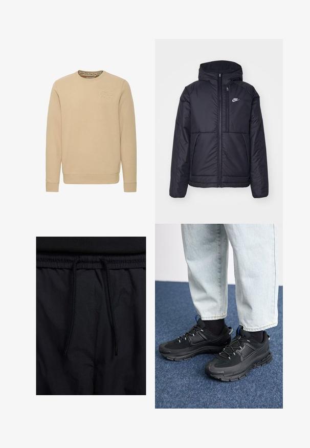 Black, padded Nike jacket with a front zipper and hood. Features a white logo on the left chest and dual front pockets. Smooth exterior texture.; Beige sweatshirt with a round neck, long sleeves, and an embossed logo on the chest. Soft fabric with a smooth texture and ribbed cuffs.; Black shorts featuring a drawstring waistband, lightweight fabric with a smooth texture, and a simple design without visible logos or patterns.; Black athletic shoes with textured fabric and rubber soles, featuring elastic laces and a blue accent on the heel. Worn with light denim pants.