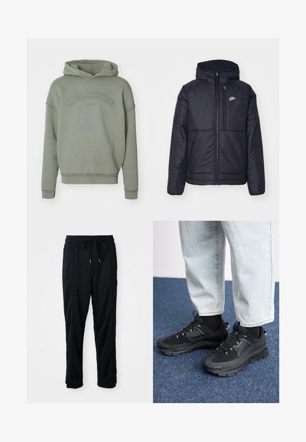 Giacca Nike nera, imbottita, con zip frontale e cappuccio. Presenta un logo bianco sul lato sinistro del petto e doppie tasche frontali. Texture esterna liscia.; Felpa verde oliva con una vestibilità rilassata, caratterizzata da un orlo a coste, maniche con polsini e logo "Alpha Industries" in rilievo sul petto.; Pantaloni casual neri con elastico in vita, tasche laterali e taglio dritto su uno sfondo uniforme.; Scarpe sportive nere con tessuto testurizzato e suole in gomma, dotate di lacci elastici e un accento blu sul tallone. Indossate con pantaloni in denim chiaro.