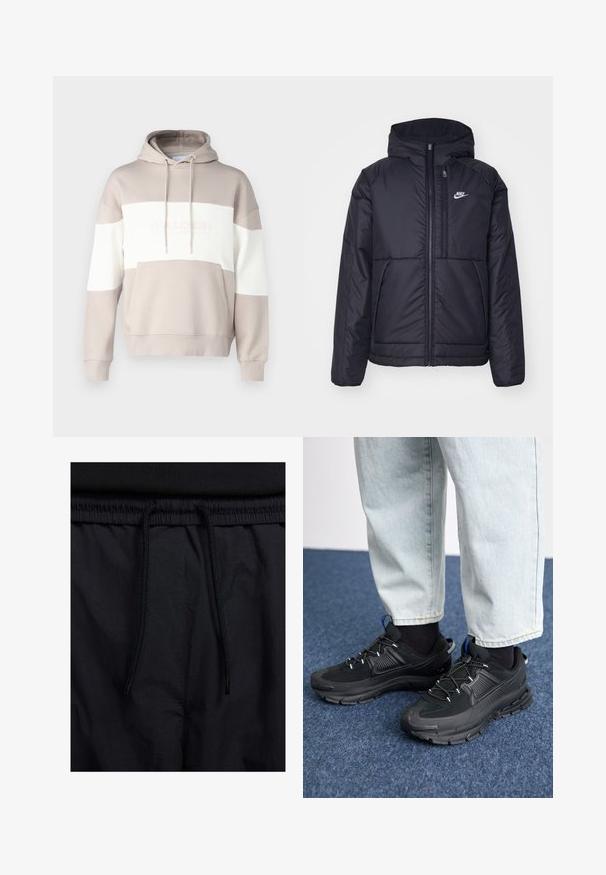 Veste Nike noire rembourrée avec une fermeture éclair sur le devant et une capuche. Elle présente un logo blanc sur la poitrine gauche et deux poches avant. Texture extérieure lisse.; Sweat à capuche beige avec des rayures horizontales blanches. Il possède une poche avant et un cordon de serrage, fabriqué en coton mélangé doux.; Shorts noirs avec un élastique à cordon de serrage, en tissu léger avec une texture lisse, et un design simple sans logos ni motifs visibles.; Des chaussures de sport noires avec un tissu texturé et des semelles en caoutchouc, dotées de lacets élastiques et d'un accent bleu au talon. Portées avec un pantalon en denim clair.