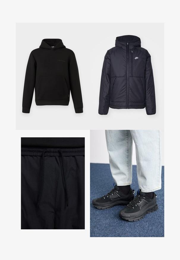 Casaco Nike preto, acolchoado, com fecho à frente e capuz. Apresenta um logo branco no lado esquerdo do peito e dois bolsos frontais. Textura exterior lisa.; Hoodie preto com bolso canguru frontal, mangas longas e um pequeno detalhe de costura horizontal no lado esquerdo do peito, em fundo branco.; Calções pretos com um cós elástico ajustável, fabricados em tecido leve com uma textura suave e um design simples, sem logótipos ou padrões visíveis.; Sapatilhas desportivas pretas com tecido texturizado e solas em borracha, apresentando atacadores elásticos e um detalhe azul no calcanhar. Usadas com calças de ganga claras.