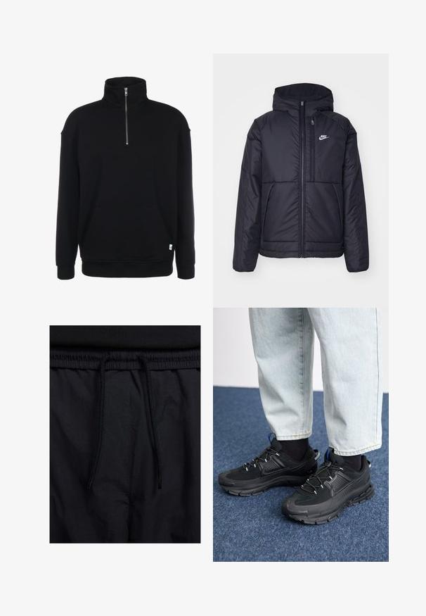 Black, padded Nike jacket with a front zipper and hood. Features a white logo on the left chest and dual front pockets. Smooth exterior texture.; Black zip-neck sweatshirt with long sleeves, soft texture, a front pocket, and a small green logo at the hem.; Black shorts featuring a drawstring waistband, lightweight fabric with a smooth texture, and a simple design without visible logos or patterns.; Black athletic shoes with textured fabric and rubber soles, featuring elastic laces and a blue accent on the heel. Worn with light denim pants.