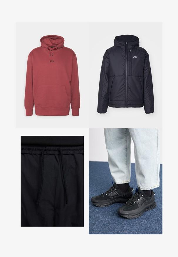 Casaco Nike preto, acolchoado, com fecho à frente e capuz. Apresenta um logo branco no lado esquerdo do peito e dois bolsos frontais. Textura exterior lisa.; 274 STATUE HOOD - Camisola - red; Calções pretos com um cós elástico ajustável, fabricados em tecido leve com uma textura suave e um design simples, sem logótipos ou padrões visíveis.; Sapatilhas desportivas pretas com tecido texturizado e solas em borracha, apresentando atacadores elásticos e um detalhe azul no calcanhar. Usadas com calças de ganga claras.