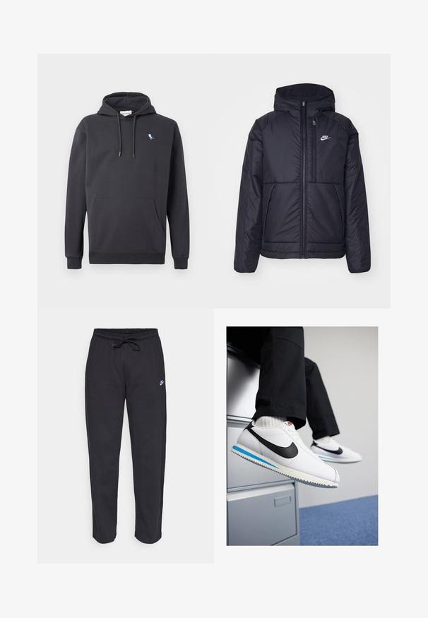Melna, pufota Nike jaka ar priekšējo rāvējslēdzēju un kapuci. Iezīmēta ar baltu logotipu uz kreisās krūtis un divām priekšējām kabatām. Gluda ārējā tekstūra.; Tumši pelēks kapuci krekls ar priekšējo kabatu un mazu balto un zilo putna logo kreisajā krūtī.; Melnas sporta bikses, kas izgatavotas no mīksta auduma, ar elastīgu jostu, auklu un mazu Nike logo uz kreisā augšstilba.; Baltas ādas sporta apavi ar melnu Nike zīmi, gaiši zilu un pelēku gumijas zoli un klasisku auklu dizainu. Kājām atpūšoties uz dokumentu skapja.