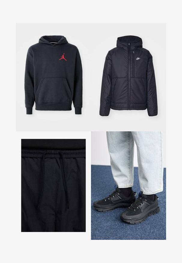 Chaqueta acolchada negra de Nike con cremallera frontal y capucha. Presenta un logo blanco en el lado izquierdo del pecho y dos bolsillos frontales. Textura exterior suave.; Sudadera azul marino hecha de tela suave, con un bolsillo canguro y un logo rojo de Jumpman en el pecho. Diseño clásico con capucha ajustable.; Pantalones cortos negros con cinturilla ajustable, tejido ligero con una textura suave y un diseño sencillo sin logotipos visibles ni patrones.; Zapatillas deportivas negras con tejido texturizado y suelas de goma, con cordones elásticos y un acento azul en el talón. Combinadas con pantalones de mezclilla claros.