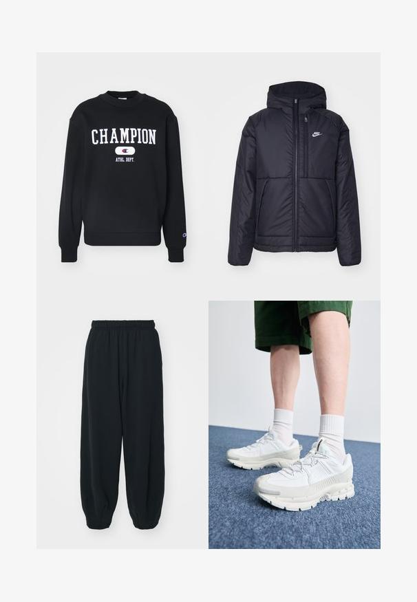 Čierna, polstrovaná bunda Nike so zipsom vpredu a kapucňou. Na ľavej strane hrude sa nachádza biele logo a sú tu dva predné vrecká. Hladký vonkajší povrch.; Čierna mikina so slovom "CHAMPION" v bielej farbe, pod ním "ATHL. DEPT." Hladký rebrovaný golier a manžety, jemná textúra látky.; Čierne tepláky s elastickým pásom, vo voľnom strihu, s manžetami na členkoch, hladkej textúry a bez viditeľných vzorov alebo kovových doplnkov.; Biele športové topánky s textúrovanými prešívaniami, robustnou podrážkou a sivými akcentami. Nosené s bielymi ponožkami po členky a zelenými šortkami na modrom povrchu.