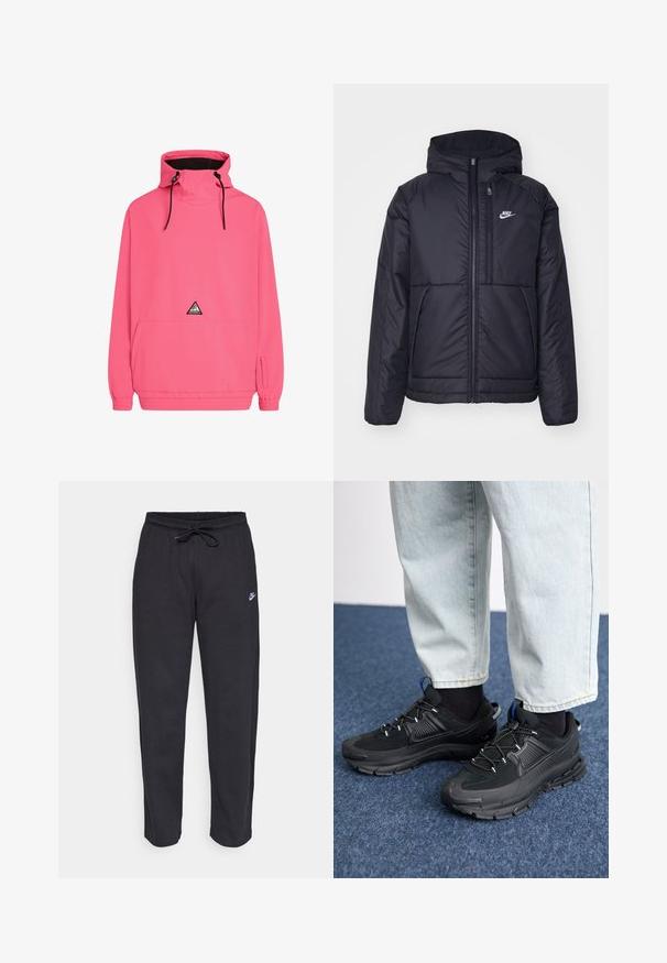 Chaqueta acolchada negra de Nike con cremallera frontal y capucha. Presenta un logo blanco en el lado izquierdo del pecho y dos bolsillos frontales. Textura exterior suave.; Chaqueta de pull rosa con cuello alto, cordones ajustables, bolsillo frontal y puños elásticos. Presenta un logo triangular en el pecho.; Pantalones de chándal negros hechos de una tela suave, con cintura elástica, cordón y un pequeño logo de Nike en el muslo izquierdo.; Zapatillas deportivas negras con tejido texturizado y suelas de goma, con cordones elásticos y un acento azul en el talón. Combinadas con pantalones de mezclilla claros.