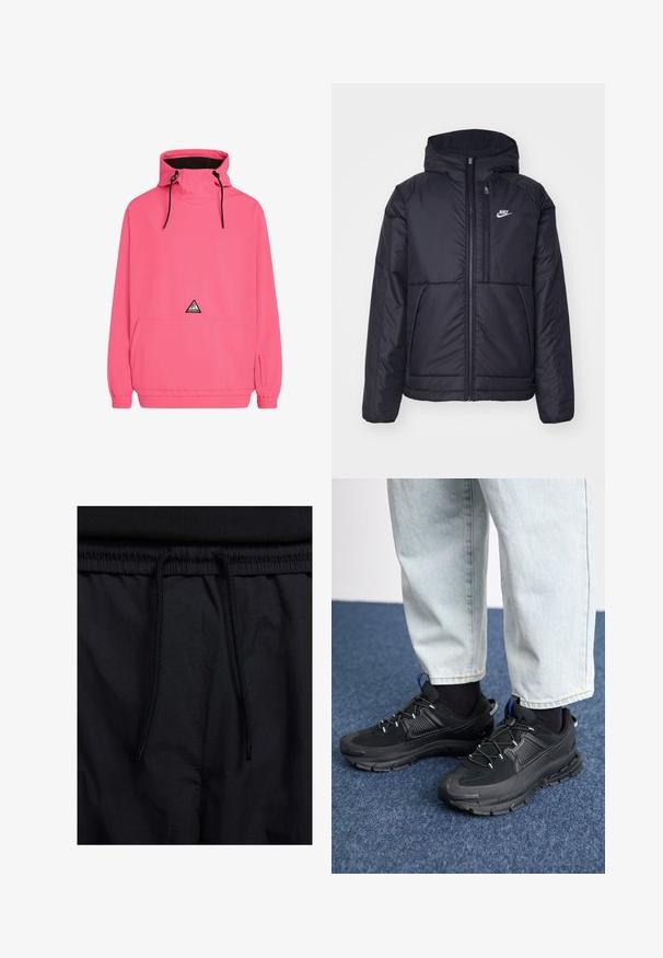 Casaco Nike preto, acolchoado, com fecho à frente e capuz. Apresenta um logo branco no lado esquerdo do peito e dois bolsos frontais. Textura exterior lisa.; Casaco pullover rosa com gola alta, cordões ajustáveis, bolso frontal e punhos elásticos. Apresenta um logotipo triangular no peito.; Calções pretos com um cós elástico ajustável, fabricados em tecido leve com uma textura suave e um design simples, sem logótipos ou padrões visíveis.; Sapatilhas desportivas pretas com tecido texturizado e solas em borracha, apresentando atacadores elásticos e um detalhe azul no calcanhar. Usadas com calças de ganga claras.