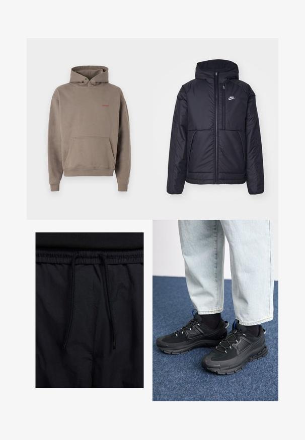 Black, padded Nike jacket with a front zipper and hood. Features a white logo on the left chest and dual front pockets. Smooth exterior texture.; Hooded sweatshirt in muted taupe, made from soft, textured fabric. Features a front pouch pocket and a small, contrasting logo.; Black shorts featuring a drawstring waistband, lightweight fabric with a smooth texture, and a simple design without visible logos or patterns.; Black athletic shoes with textured fabric and rubber soles, featuring elastic laces and a blue accent on the heel. Worn with light denim pants.