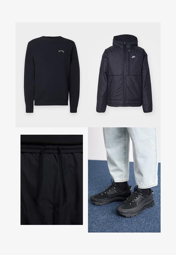 Fekete, párnázott Nike dzseki elülső cipzárral és kapucnival. A bal mellen fehér logó található, valamint két elülső zseb. Simának tűnő külső felület.; Tengerészkék pulóver kerek nyakkivágással, bordázott mandzsettákkal és derékpánttal. Kis, világos színű logóval rendelkezik a mellkasán. Puha textúrájú anyag.; Fekete rövidnadrág, húzózsinórral ellátott derékrésszel, könnyű anyagból, sima felszínen, egyszerű dizájnnal, látható logók vagy minták nélkül.; Fekete sportcipők texturált anyaggal és gumitalppal, elasztikus fűzőkkel és kék kiegészítővel a saroknál. Világos farmernadrággal viselve.