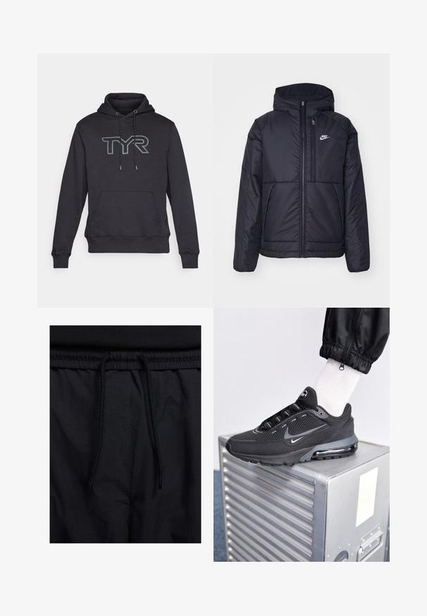Giacca Nike nera, imbottita, con zip frontale e cappuccio. Presenta un logo bianco sul lato sinistro del petto e doppie tasche frontali. Texture esterna liscia.; Felpa grigia scura con tasca a canguro, cappuccio con coulisse e grande logo "TYR" in grigio chiaro sul davanti. Tessuto morbido, polsini a costine.; Shorts neri con vita regolabile tramite coulisse, tessuto leggero con una texture liscia e un design semplice senza loghi o motivi visibili.; Nike Sportswear PULSE - Sneakers basse - black/anthracite
