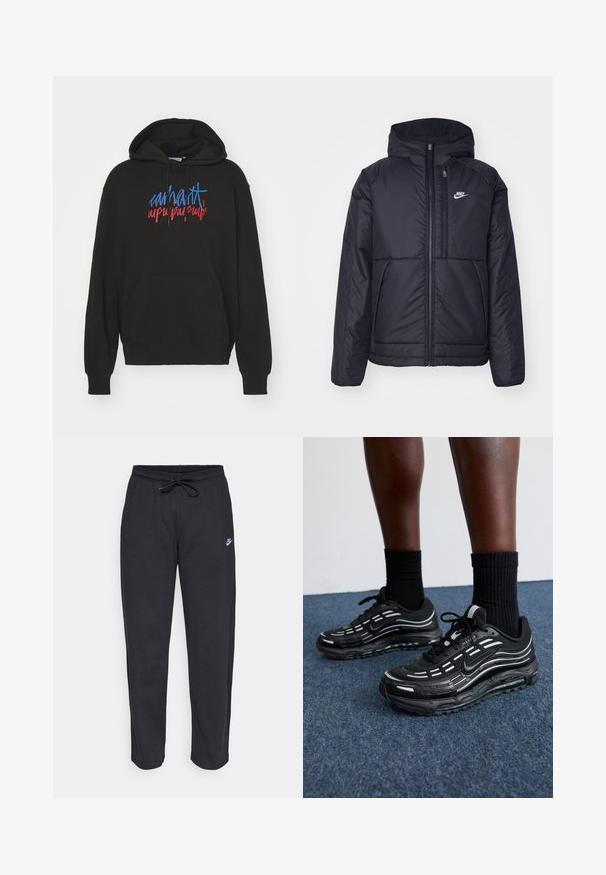 Giacca Nike nera, imbottita, con zip frontale e cappuccio. Presenta un logo bianco sul lato sinistro del petto e doppie tasche frontali. Texture esterna liscia.; Felpa nera con cappuccio, dotata di tasca frontale, cordini e testo colorato in blu e rosso. Realizzata in tessuto morbido con vestibilità comoda.; Pantaloni della tuta neri realizzati in tessuto morbido con vita elastica, coulisse e un piccolo logo Nike sulla coscia sinistra.; Le scarpe Nike nere presentano una tomaia in mesh con strisce a contrasto, lacci testurizzati e una suola in gomma nera. Indossate con calze nere a costine.