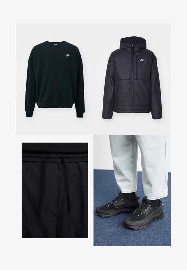 Casaco Nike preto, acolchoado, com fecho à frente e capuz. Apresenta um logo branco no lado esquerdo do peito e dois bolsos frontais. Textura exterior lisa.; Sweatshirt preto da Nike com mangas longas, decote redondo e punhos canelados. Apresenta um logotipo branco da Nike na área do peito esquerdo.; Calções pretos com um cós elástico ajustável, fabricados em tecido leve com uma textura suave e um design simples, sem logótipos ou padrões visíveis.; Sapatilhas desportivas pretas com tecido texturizado e solas em borracha, apresentando atacadores elásticos e um detalhe azul no calcanhar. Usadas com calças de ganga claras.