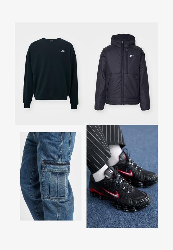 Melna, pufota Nike jaka ar priekšējo rāvējslēdzēju un kapuci. Iezīmēta ar baltu logotipu uz kreisās krūtis un divām priekšējām kabatām. Gluda ārējā tekstūra.; Melnas Nike džemperis ar garām piedurknēm, apaļu kakla izgriezumu un ribotām aprocēm. Uz kreisā krūšu laukuma ir balta Nike logo.; Denimu krāsošanās bikses ar brīvu piegriezumu, dziļām kabatām sānos, izbalējuši zilā krāsā, izturīga šuvšana un nedaudz teksturēts audums.; Melnas sporta kurpes ar sarkaniem un sudraba akcentiem, ar acu sietu un teksturētu sintētisko materiālu, ar auklu dizainu un redzamu amortizācijas zoli.
