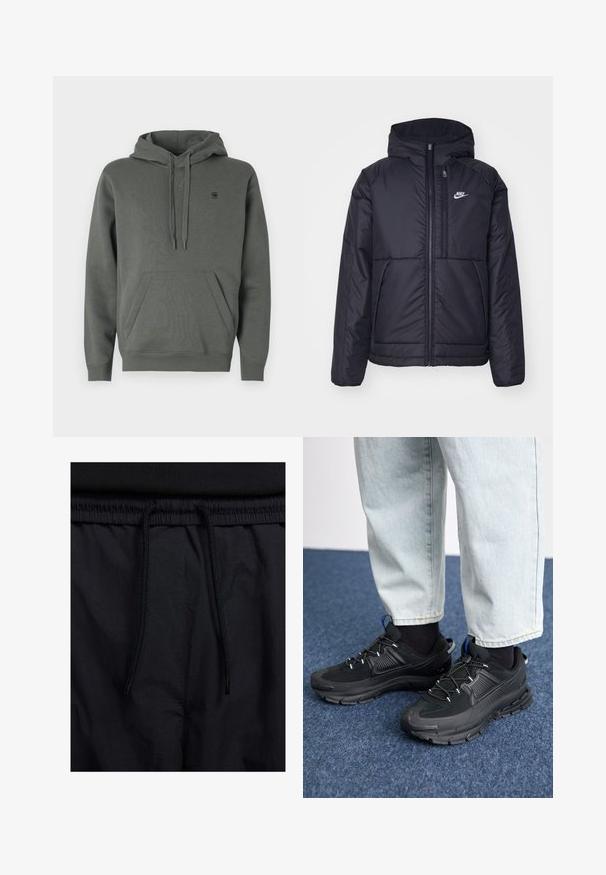 Must musta Nike jope, millel on ees lukuga avamine ja kapuuts. Vasakpoolne rind on kaunistatud valge logoga ning ees on kaks taskut. Sile välimine tekstuur.; Tume roheline puuvillane kapuutsiga säll, millel on känguru tasku, reguleeritav nööpkael ja diskreetne logo rinnal; sile tekstuur ja mugav lõige.; Mustad lühikesed püksid, millel on paelaga vöökoht, kerge kangas, mis on sileda tekstuuriga ning lihtne disain ilma nähtavate logode või mustriteta.; Mustad mustad jooksukingad, millel on tekstureeritud kangas ja kummist tallad, elastsed nöörid ning sinine aksent kandadel. Kandmine heledate teksadega.