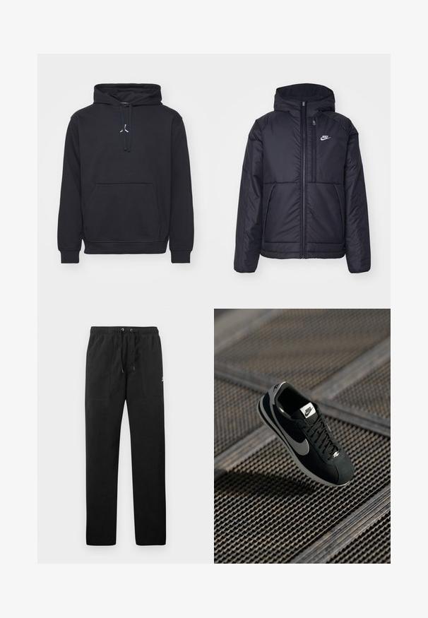 Juodas, paminkštintas Nike džemperis su priekyje užtrauktuku ir gobtuvu. Pasižymi balta logo kairėje krūtinės pusėje ir dviem priekinėmis kišenėmis. Su lygiu išoriniu paviršiumi.; Juodas džemperis su gobtuvu, pagamintas iš medvilnės ir sintetinių pluoštų. Turi kengūros kišenę, raibotus rankogalius ir mažą baltą logotipą ant krūtinės.; Juodos vilnonės kelnės su elastiniu juosmeniu ir raišteliais, dviem priekinėmis kišenėmis ir maža slogo ant šlaunies.; Juodos Nike sportbačiai su pilkais akcentais, iš zomšos ir tinklinės medžiagos, tekstūruotu padu, siauru siluetu ir klasikiniu raištelių užsegimu.