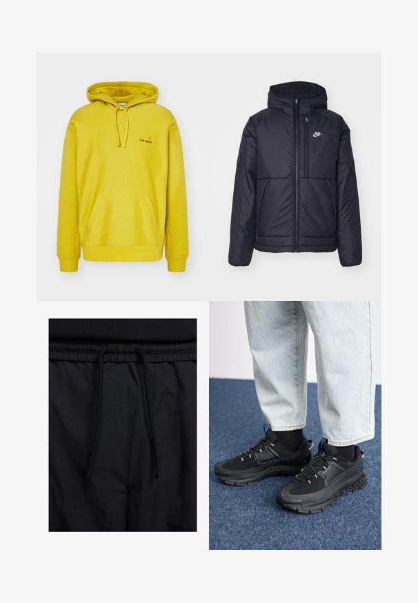 Zwarte, gewatteerde Nike-jas met een voorkant met ritssluiting en capuchon. Kenmerkt zich door een wit logo op de linkerborst en dubbele frontzakken. Gladde buitenkant.; Geel capuchon sweatshirt gemaakt van een katoenmix. Bevat een voorste kangoeroezak, ribgebreide manchetten en een klein logo op de borst.; Zwarte shorts met een drawstring tailleband, lichtgewicht stof met een zachte textuur en een eenvoudig ontwerp zonder zichtbare logo's of patronen.; Zwarte sportschoenen met gestructureerde stof en rubberen zolen, met elastische veters en een blauwe accent op de hiel. Draag samen met lichte spijkerbroeken.