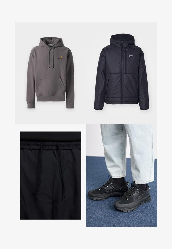 Giacca Nike nera, imbottita, con zip frontale e cappuccio. Presenta un logo bianco sul lato sinistro del petto e doppie tasche frontali. Texture esterna liscia.; Felpa grigia realizzata in tessuto morbido, con tasca frontale, cappuccio regolabile con coulisse e un piccolo logo ricamato sul petto.; Shorts neri con vita regolabile tramite coulisse, tessuto leggero con una texture liscia e un design semplice senza loghi o motivi visibili.; Scarpe sportive nere con tessuto testurizzato e suole in gomma, dotate di lacci elastici e un accento blu sul tallone. Indossate con pantaloni in denim chiaro.