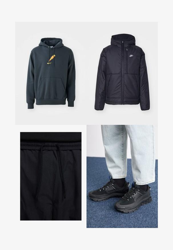 Svart, polstret Nike-jakke med frontglidelås og hette. Har en hvit logo på venstre bryst og doble frontlommer. Glatt ytterside.; Hettegenser i mørkegrå bomullsblanding, med et rødt og gult grafisk logo på forsiden, kengurulomme og ribbestrikkede mansjetter.; Sorte shorts med snor i livet, lett stoff med en jevn tekstur, og et enkelt design uten synlige logoer eller mønstre.; Svarte sportssko med teksturert stoff og gummisåler, med elastiske lisser og en blå detalj på hælen. Brukt med lyse denimbukser.