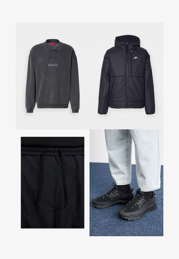 Casaco Nike preto, acolchoado, com fecho à frente e capuz. Apresenta um logo branco no lado esquerdo do peito e dois bolsos frontais. Textura exterior lisa.; Camisa polo de manga longa cinza escuro, com colarinho clássico, punhos canelados e logótipo "HUGO" bordado na frente. Tecido macio de mistura de algodão.; Calções pretos com um cós elástico ajustável, fabricados em tecido leve com uma textura suave e um design simples, sem logótipos ou padrões visíveis.; Sapatilhas desportivas pretas com tecido texturizado e solas em borracha, apresentando atacadores elásticos e um detalhe azul no calcanhar. Usadas com calças de ganga claras.