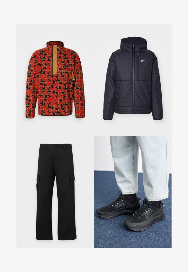 Zwarte, gewatteerde Nike-jas met een voorkant met ritssluiting en capuchon. Kenmerkt zich door een wit logo op de linkerborst en dubbele frontzakken. Gladde buitenkant.; Columbia HELVETIA - Fleece trui - sail red; Zwarte cargobroek met een recht gesneden ontwerp. Gemaakt van duurzaam materiaal, met twee zijzakken met klep en een knoopsluiting.; Zwarte sportschoenen met gestructureerde stof en rubberen zolen, met elastische veters en een blauwe accent op de hiel. Draag samen met lichte spijkerbroeken.