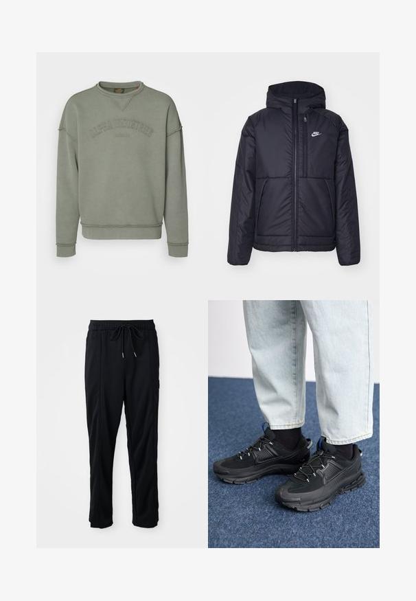 Giacca Nike nera, imbottita, con zip frontale e cappuccio. Presenta un logo bianco sul lato sinistro del petto e doppie tasche frontali. Texture esterna liscia.; Felpa verde in pile con polsini e orlo a coste. Presenta il testo in rilievo "ALPHA INDUSTRIES" sulla parte anteriore e dettagli a taglio vivo sulle cuciture.; Pantaloni casual neri con elastico in vita, tasche laterali e taglio dritto su uno sfondo uniforme.; Scarpe sportive nere con tessuto testurizzato e suole in gomma, dotate di lacci elastici e un accento blu sul tallone. Indossate con pantaloni in denim chiaro.