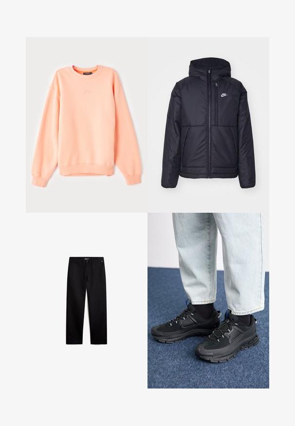 Chaqueta acolchada negra de Nike con cremallera frontal y capucha. Presenta un logo blanco en el lado izquierdo del pecho y dos bolsillos frontales. Textura exterior suave.; Sudadera de color durazno con puños y dobladillo acanalados, con cuello redondo y un sutil logotipo bordado en el pecho. Tejido de mezcla de algodón suave.; Pantalones de algodón negros con un corte recto, cierre de cremallera y bolsillos frontales. Textura suave, sin patrones visibles y con un hardware mínimo.; Zapatillas deportivas negras con tejido texturizado y suelas de goma, con cordones elásticos y un acento azul en el talón. Combinadas con pantalones de mezclilla claros.