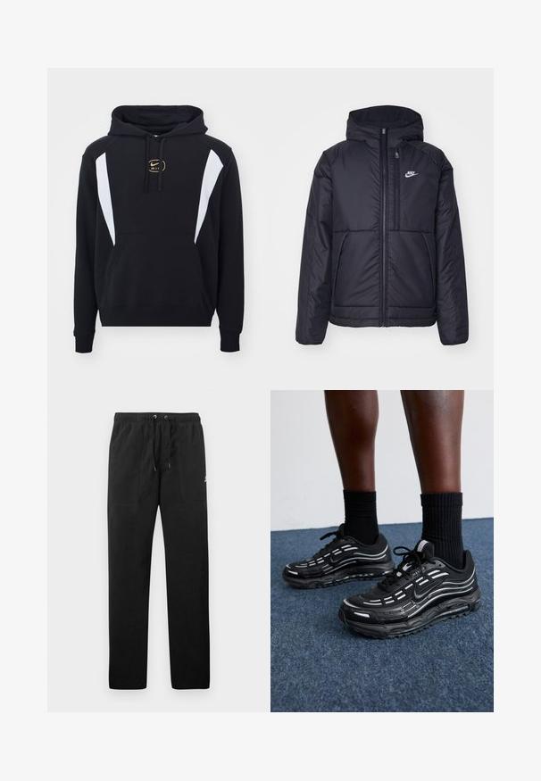 Sort, polstret Nike-jakke med frontlynlås og hætte. Har et hvidt logo på venstre bryst og to frontlommer. Glat ydre tekstur.; Nike Sportswear AIR - Sweatshirt - black/white/metallic gold; Sorte sweatpants lavet af fleece, med en elastisk talje med snore, to frontlommer og et lille logo på låret.; Sorte Nike sko har et mesh-overdel med accentstriber, tekstureret snørering og en sort gummisål. Båret med sorte ribbede sokker.