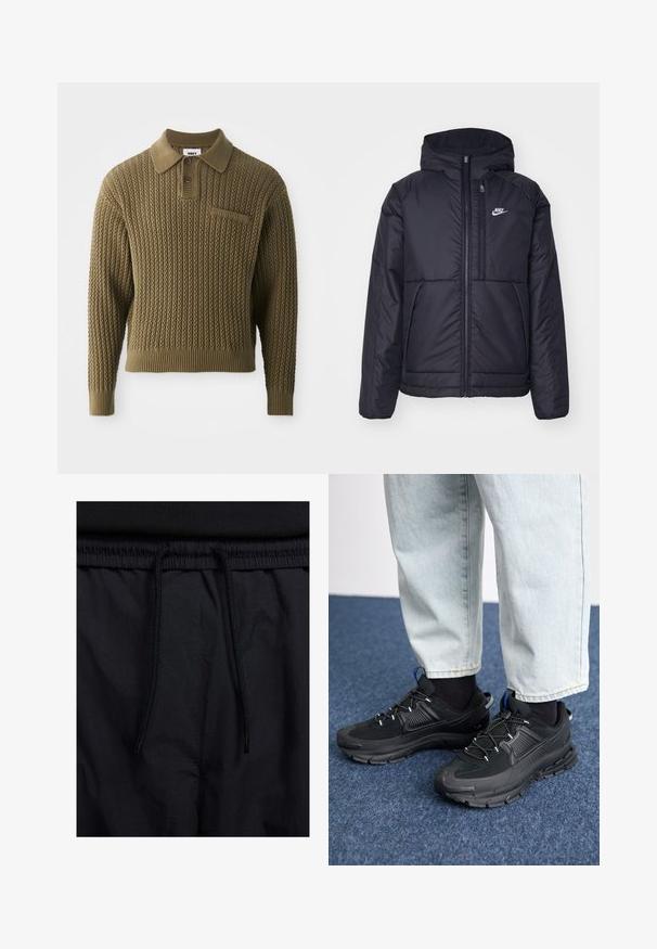 Svart, polstret Nike-jakke med frontglidelås og hette. Har en hvit logo på venstre bryst og doble frontlommer. Glatt ytterside.; Kremt genser i olivengrønn med teksturert mønster, kragehals og tre-knappslukking. Har ribbestrikkede mansjetter og nederkant.; Sorte shorts med snor i livet, lett stoff med en jevn tekstur, og et enkelt design uten synlige logoer eller mønstre.; Svarte sportssko med teksturert stoff og gummisåler, med elastiske lisser og en blå detalj på hælen. Brukt med lyse denimbukser.