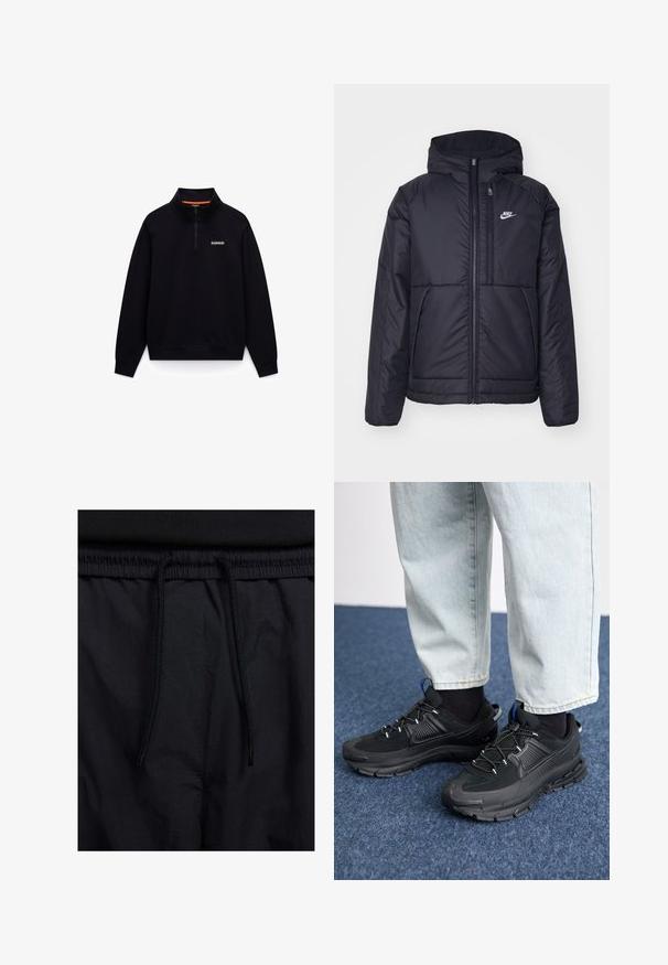 Czarna, pikowana kurtka Nike z przednim zamkiem błyskawicznym i kapturem. Posiada białe logo po lewej stronie klatki piersiowej oraz podwójne kieszenie z przodu. Gładka struktura zewnętrzna.; Czarny sweter z wysokim kołnierzem i półzamkiem. Posiada pomarańczowy akcent wewnątrz kołnierza oraz małe logo na piersi.; Czarne szorty z elastycznym paskiem na sznurku, lekkiego materiału o gładkiej fakturze oraz prostym wzornictwie bez widocznych logo czy wzorów.; Czarne buty sportowe z teksturowanej tkaniny i gumowymi podeszwami, z elastycznymi sznurówkami i niebieskim akcentem na pięcie. Noszone z jasnymi dżinsami.