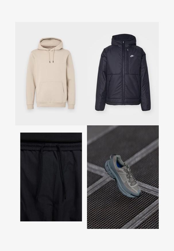 Must musta Nike jope, millel on ees lukuga avamine ja kapuuts. Vasakpoolne rind on kaunistatud valge logoga ning ees on kaks taskut. Sile välimine tekstuur.; Kergedatud kapuutsiga särk heledas beežis, valmistatud pehmest kangast. Omab esimest taskut ja reguleeritavaid nööre mustade otsikutega. Ribitud mansetid.; Mustad lühikesed püksid, millel on paelaga vöökoht, kerge kangas, mis on sileda tekstuuriga ning lihtne disain ilma nähtavate logode või mustriteta.; Beige ja hall sportlik king, millel on tekstuuriga võrkpealne, ümar nina ja kummist tald, varustatud paelte ja pehmendatud kraega.