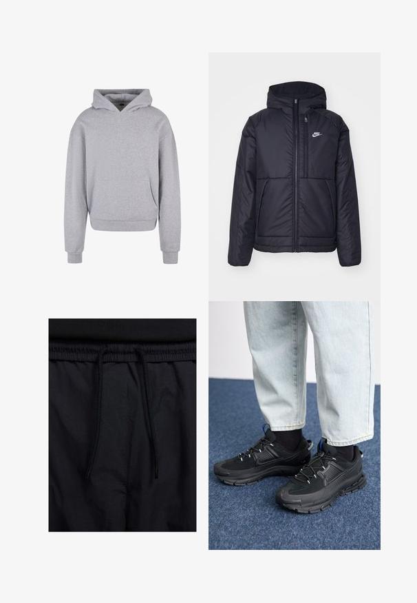 Melna, pufota Nike jaka ar priekšējo rāvējslēdzēju un kapuci. Iezīmēta ar baltu logotipu uz kreisās krūtis un divām priekšējām kabatām. Gluda ārējā tekstūra.; Pelēks kokvilnas kapucis ar priekšējo kabatu, savilkšanas kapuci un ribinātiem piedurknēm un apakšmalu. Pazīme ar maigu, teksturētu apdari.; Melni šorti ar sašūtu jostu, viegls audums ar gludu tekstūru un vienkāršs dizains bez redzamiem logotipiem vai paraugiem.; Melni sporta apavi ar strukturētu audumu un gumijas zoli, ar elastīgām auklām un zilu akcentu uz papēža. Nēsāti ar gaišām džinsu biksēm.