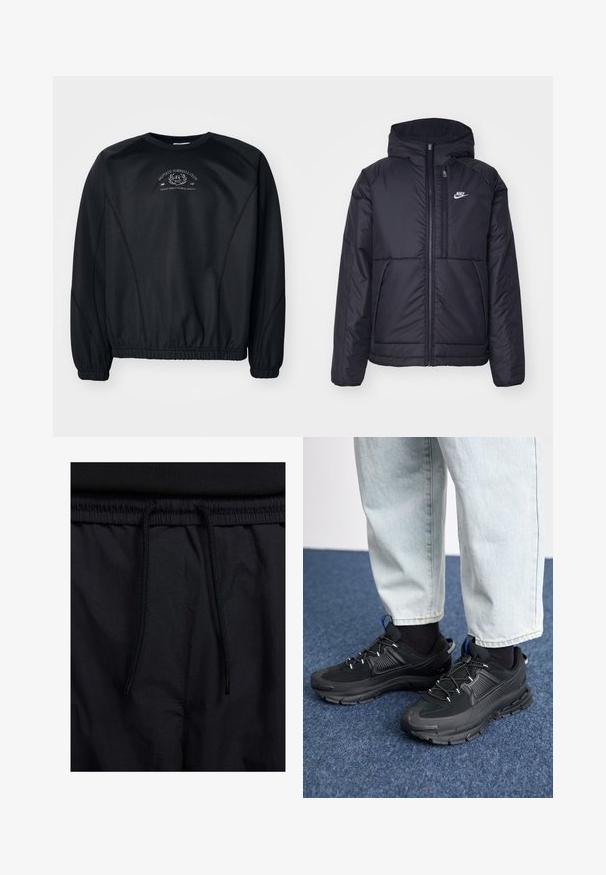 Musta, pehmustettu Nike-takki, jossa on etuvetoketju ja huppu. Vasemmassa rinnassa on valkoinen logo ja takissa on kaksinkertaiset etutaskut. Pintakoe on sileä.; Musta huppari, jossa on pyöreä kaula-aukko, ribatut hihansuut ja helma. Kohtalaisen hienovarainen graafinen printti rinnassa ja sileä, hieman teksturoitu kangas.; Mustat shortsit, joissa on naru vyötäröllä, kevyestä kankaasta valmistettu, sileä tekstuuri ja yksinkertainen muotoilu ilman näkyviä logoja tai kuvioita.; Mustat urheilukengät, joissa on teksturoitu kangas ja kumipohjat, elastiset nauhat ja sininen yksityiskohta kannassa. Yhdistetty vaaleisiin farkkuihin.