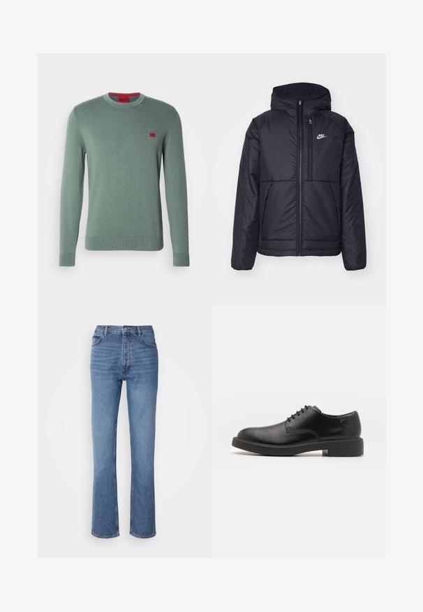 Juodas, paminkštintas Nike džemperis su priekyje užtrauktuku ir gobtuvu. Pasižymi balta logo kairėje krūtinės pusėje ir dviem priekinėmis kišenėmis. Su lygiu išoriniu paviršiumi.; Žalias megztinis su ilgomis rankovėmis, apvaliu kaklu ir raukšlėmis ant rankovių. Ant krūtinės yra mažas raudonas logotipo pleistras. Lygus paviršius, minimalistinis dizainas.; Mėlyni džinsai su aukštu liemeniu, tiesaus kirpimo dizainu ir subtiliu išblukimu. Turi klasikinį penkių kišenių stilių ir užtrauktuko uždarymą.; Juodas odinis batų modelis su raišteliais, apvaliu nosiu, lygiu paviršiumi, minimaliai siuvinėjimu ir žemu guminėmis pakulne. Ant pakulnės šalia logo.