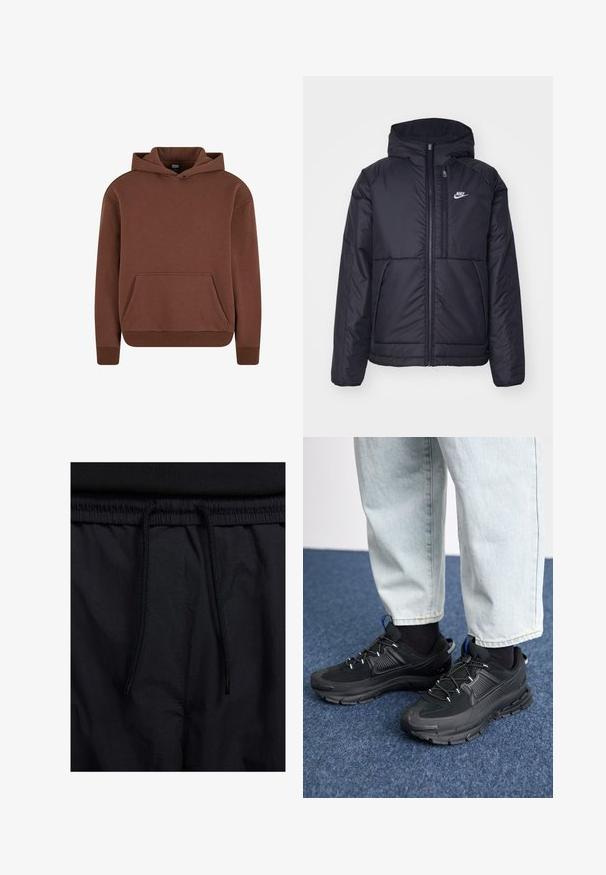 Giacca Nike nera, imbottita, con zip frontale e cappuccio. Presenta un logo bianco sul lato sinistro del petto e doppie tasche frontali. Texture esterna liscia.; Felpa con cappuccio marrone realizzata in tessuto morbido, dotata di tasca a marsupio, polsini a costine e un design comodo.; Shorts neri con vita regolabile tramite coulisse, tessuto leggero con una texture liscia e un design semplice senza loghi o motivi visibili.; Scarpe sportive nere con tessuto testurizzato e suole in gomma, dotate di lacci elastici e un accento blu sul tallone. Indossate con pantaloni in denim chiaro.