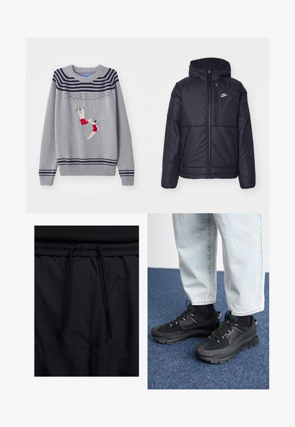 Casaco Nike preto, acolchoado, com fecho à frente e capuz. Apresenta um logo branco no lado esquerdo do peito e dois bolsos frontais. Textura exterior lisa.; Sweater cinza em malha com riscas azul-marinho, apresentando um design de circo bordado, roupas vermelhas e detalhes amarelos. Gola redonda e punhos canelados.; Calções pretos com um cós elástico ajustável, fabricados em tecido leve com uma textura suave e um design simples, sem logótipos ou padrões visíveis.; Sapatilhas desportivas pretas com tecido texturizado e solas em borracha, apresentando atacadores elásticos e um detalhe azul no calcanhar. Usadas com calças de ganga claras.