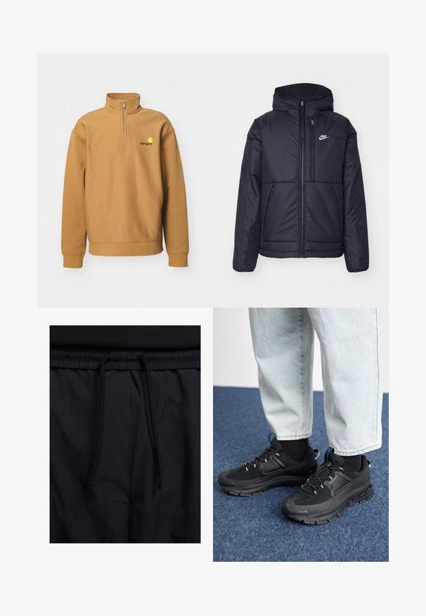 Crna Nike jakna s podstavom, dugmadi sprijeda i kapuljačom. Ima bijeli logotip na lijevoj strani prsnog koša i dva prednja džepa. Glatka vanjska tekstura.; Pulover s duksericom od smešnog flisa; ima polu-zip ovratnik, rebraste manžete i kontrastni logo na grudima.; Crne kratke hlače s pojasom na vezanje, lagani materijal s glatkom teksturom i jednostavan dizajn bez vidljivih logotipa ili uzoraka.; Crne atletske cipele s teksturiranom tkaninom i gumene potplate, s elastičnim vezicama i plavim akcentom na peti. Nosene su s svijetlim trapericama.