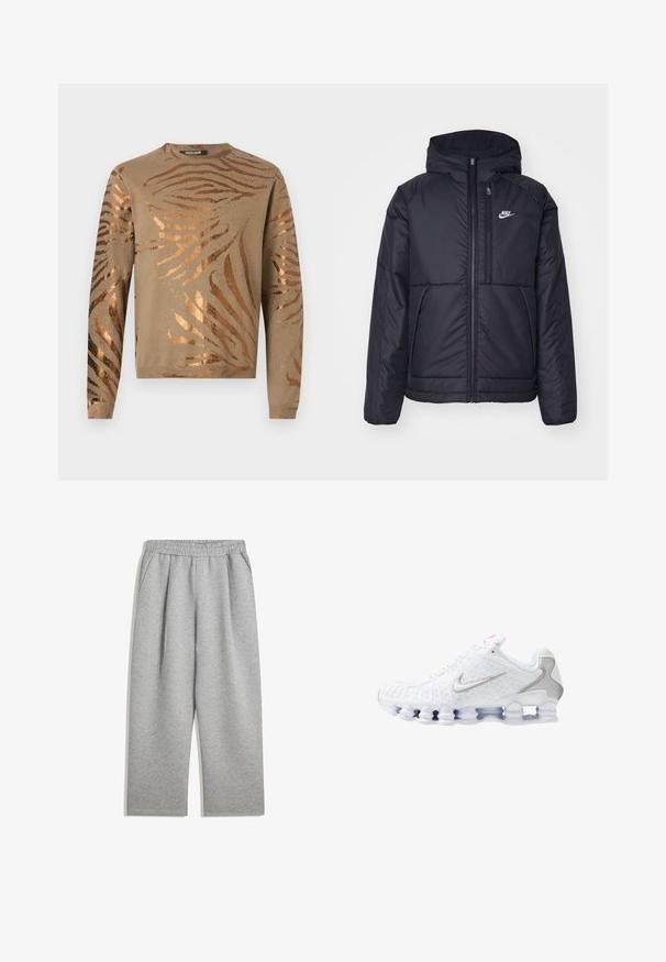 Schwarze, gepolsterte Nike-Jacke mit Frontreißverschluss und Kapuze. Hat ein weißes Logo auf der linken Brust und zwei Fronttaschen. Glattes äußeres Material.; Beiger Pullover mit metallisch bronzefarbenen Zebra-Streifen, rundem Halsausschnitt und langen Ärmeln mit gerippten Bündchen und Saum. Weiche Strickstruktur.; Hellgraue Sweatpants mit elastischem Bund und Seitentaschen, gerade Beinform, aus weichem Material.; Weiße Sportschuhe mit einer strukturierten Oberseite, einem silbernen Swoosh-Logo, Mesh-Einsätzen und einer markanten, segmentierten weißen Sohle.
