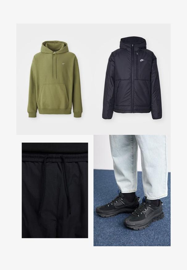 Casaco Nike preto, acolchoado, com fecho à frente e capuz. Apresenta um logo branco no lado esquerdo do peito e dois bolsos frontais. Textura exterior lisa.; Sweatshirt verde oliva com bolso frontal, capuz ajustável com cordão, punhos e barra canelados, e pequeno logótipo da Nike em branco no peito.; Calções pretos com um cós elástico ajustável, fabricados em tecido leve com uma textura suave e um design simples, sem logótipos ou padrões visíveis.; Sapatilhas desportivas pretas com tecido texturizado e solas em borracha, apresentando atacadores elásticos e um detalhe azul no calcanhar. Usadas com calças de ganga claras.