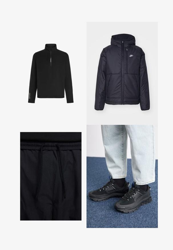 Black, padded Nike jacket with a front zipper and hood. Features a white logo on the left chest and dual front pockets. Smooth exterior texture.; Black pullover fleece features a quarter-zip collar, long sleeves, and a Polartec logo on the left sleeve for insulation and comfort.; Black shorts featuring a drawstring waistband, lightweight fabric with a smooth texture, and a simple design without visible logos or patterns.; Black athletic shoes with textured fabric and rubber soles, featuring elastic laces and a blue accent on the heel. Worn with light denim pants.