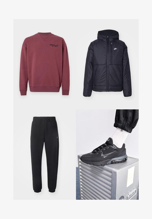 Schwarze, gepolsterte Nike-Jacke mit Frontreißverschluss und Kapuze. Hat ein weißes Logo auf der linken Brust und zwei Fronttaschen. Glattes äußeres Material.; Bordeauxfarbener Baumwoll-Sweatshirt mit Rundhalsausschnitt und gerippten Bündchen. Mit einem schwarzen Logo auf der linken Brust. Glatte Textur.; Schwarze Sweatpants aus weichem Material mit elastischem Bund, Kordelzug und schmal zulaufenden Bündchen, die auf der Seite ein dezentes Logo zeigen.; Nike Sportswear PULSE - Sneaker low - black/anthracite