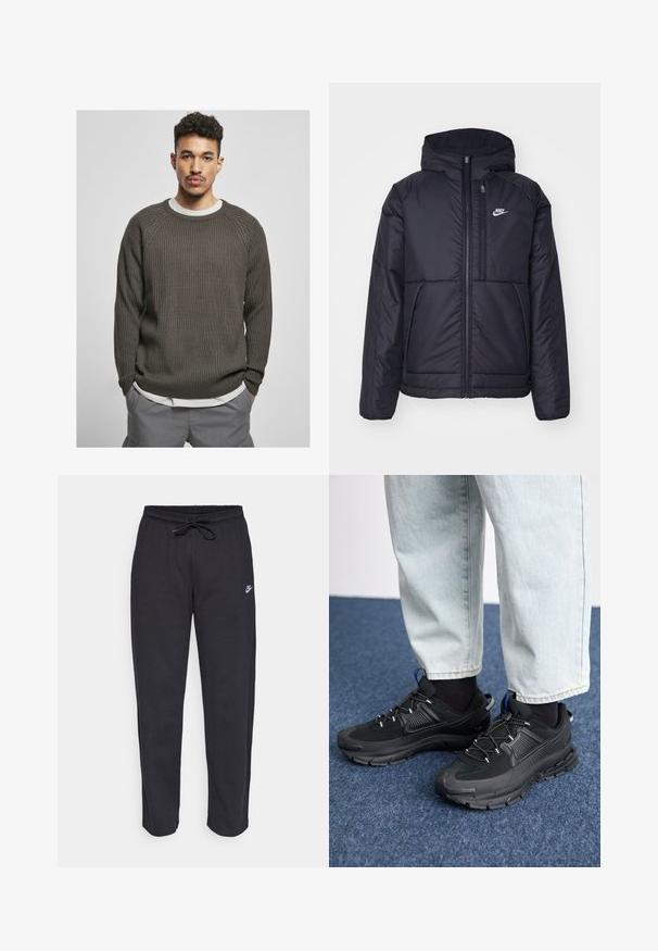 Czarna, pikowana kurtka Nike z przednim zamkiem błyskawicznym i kapturem. Posiada białe logo po lewej stronie klatki piersiowej oraz podwójne kieszenie z przodu. Gładka struktura zewnętrzna.; Ciemnobrązowy sweter prążkowany z okrągłym dekoltem i rękawami raglanowymi, nałożony na białą koszulę. Tekstura wydaje się miękka i przytulna.; Czarne dresy wykonane z miękkiego materiału, z elastycznym pasem, sznurkiem do ściągania i małym logo Nike na lewej udzie.; Czarne buty sportowe z teksturowanej tkaniny i gumowymi podeszwami, z elastycznymi sznurówkami i niebieskim akcentem na pięcie. Noszone z jasnymi dżinsami.