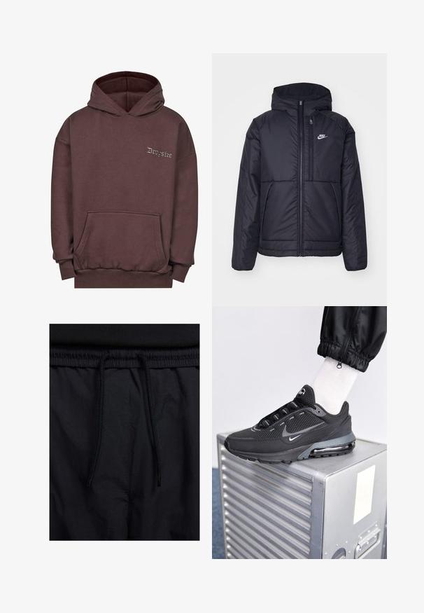 Chaqueta acolchada negra de Nike con cremallera frontal y capucha. Presenta un logo blanco en el lado izquierdo del pecho y dos bolsillos frontales. Textura exterior suave.; Sudadera marrón hecha de tejido suave, con un bolsillo frontal, puños de canalé y capucha con cordón. "Dropsize" bordado en gris en el pecho.; Pantalones cortos negros con cinturilla ajustable, tejido ligero con una textura suave y un diseño sencillo sin logotipos visibles ni patrones.; Nike Sportswear PULSE - Zapatillas - black/anthracite