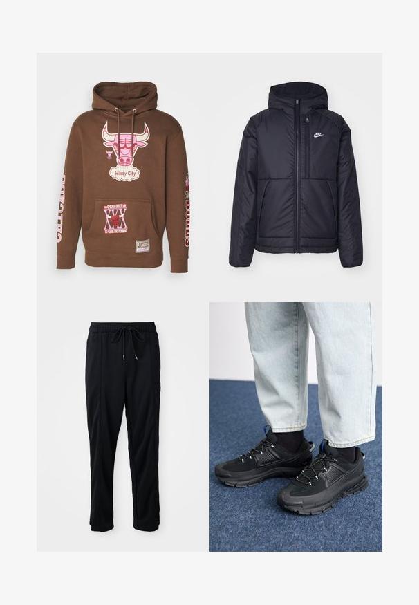 Giacca Nike nera, imbottita, con zip frontale e cappuccio. Presenta un logo bianco sul lato sinistro del petto e doppie tasche frontali. Texture esterna liscia.; Mitchell & Ness NBA CHICAGO BULLS SUGAR BACON HOODIE - Squadra - brown; Pantaloni casual neri con elastico in vita, tasche laterali e taglio dritto su uno sfondo uniforme.; Scarpe sportive nere con tessuto testurizzato e suole in gomma, dotate di lacci elastici e un accento blu sul tallone. Indossate con pantaloni in denim chiaro.