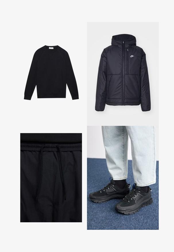 Casaco Nike preto, acolchoado, com fecho à frente e capuz. Apresenta um logo branco no lado esquerdo do peito e dois bolsos frontais. Textura exterior lisa.; Sweatshirt preto de manga longa com decote redondo, punhos e bainha canelados, detalhes de costura visíveis e uma pequena etiqueta branca da marca dentro do decote.; Calções pretos com um cós elástico ajustável, fabricados em tecido leve com uma textura suave e um design simples, sem logótipos ou padrões visíveis.; Sapatilhas desportivas pretas com tecido texturizado e solas em borracha, apresentando atacadores elásticos e um detalhe azul no calcanhar. Usadas com calças de ganga claras.