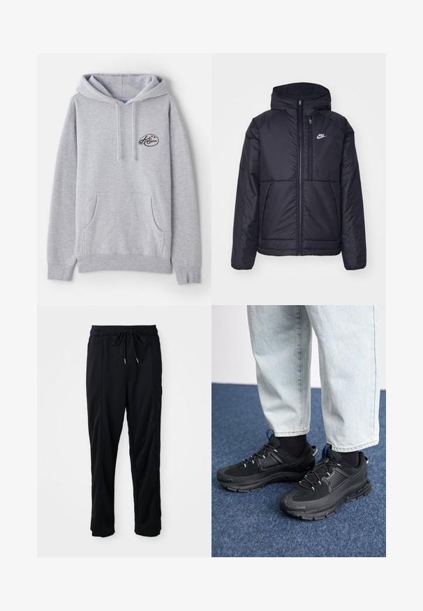 Fekete, párnázott Nike dzseki elülső cipzárral és kapucnival. A bal mellen fehér logó található, valamint két elülső zseb. Simának tűnő külső felület.; Világosszürke kapucnis pulcsi, pamut keverékből készült. Kenguruzsebb, húzózsinórok és egy kis logó színes díszítéssel a mellrészen.; Fekete húzózsinóros, kényelmes nadrág oldalsó varrású zsebekkel és egyenes szabással, egyszínű háttéren.; Fekete sportcipők texturált anyaggal és gumitalppal, elasztikus fűzőkkel és kék kiegészítővel a saroknál. Világos farmernadrággal viselve.