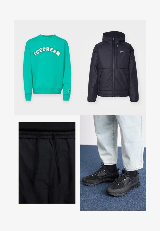 Čierna, polstrovaná bunda Nike so zipsom vpredu a kapucňou. Na ľavej strane hrude sa nachádza biele logo a sú tu dva predné vrecká. Hladký vonkajší povrch.; Tyrkysová mikina s okrúhlym výstrihom, na prednej strane s nápisom "ICECREAM" v bielej a zelenej farbe a s grafikou hnedého nanuku na rukáve.; Čierne šortky s pásom na stiahnutie, z ľahkej látky s hladkou textúrou a jednoduchým dizajnom bez viditeľných log alebo vzorov.; Čierne športové topánky s textúrovanou tkaninou a gumovou podrážkou, so elastickými šnúrkami a modrým akcentom na päte. Nosia sa s svetlými riflami.