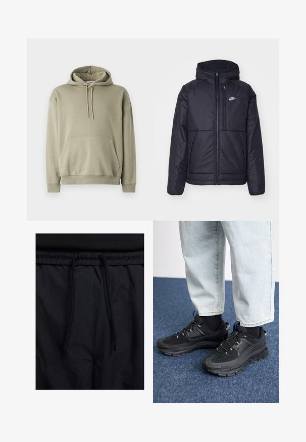 Schwarze, gepolsterte Nike-Jacke mit Frontreißverschluss und Kapuze. Hat ein weißes Logo auf der linken Brust und zwei Fronttaschen. Glattes äußeres Material.; Olivgrüne Kapuzenjacke aus weichem Baumwollgemisch, mit einer Fronttasche, Kordelzugkapuze sowie gerippten Bündchen und Saum. Einfaches, lockeres Design.; Schwarze Shorts mit einem Kordelzugbund, leichtem Stoff mit glatter Textur und einem schlichten Design ohne sichtbare Logos oder Muster.; Schwarze Sportschuhe aus strukturiertem Stoff mit Gummisohlen, ausgestattet mit elastischen Schnürsenkeln und einem blauen Akzent an der Ferse. Getragen mit hellen Jeans.