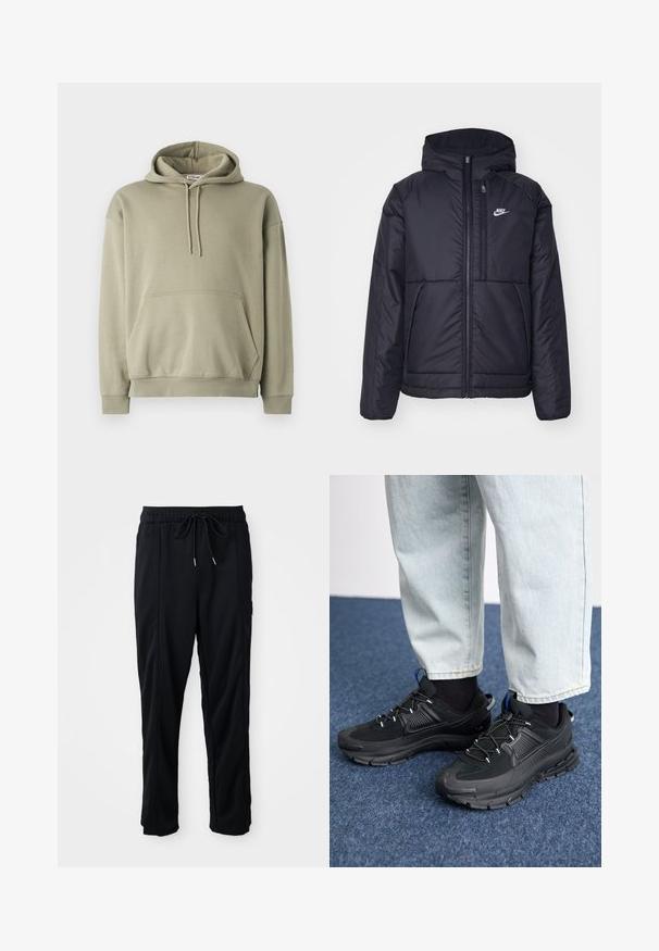 Black, padded Nike jacket with a front zipper and hood. Features a white logo on the left chest and dual front pockets. Smooth exterior texture.; Olive green hoodie made of soft cotton blend, features a front pocket, drawstring hood, and ribbed cuffs and hem. Simple, relaxed design.; Black drawstring waist casual pants with side seam pockets and straight leg cut on a plain background.; Black athletic shoes with textured fabric and rubber soles, featuring elastic laces and a blue accent on the heel. Worn with light denim pants.
