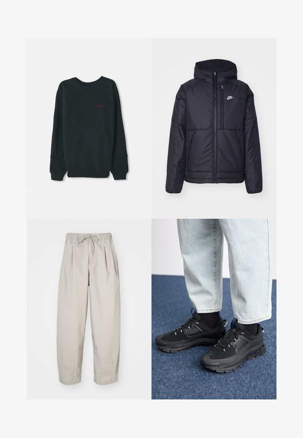 Čierna, polstrovaná bunda Nike so zipsom vpredu a kapucňou. Na ľavej strane hrude sa nachádza biele logo a sú tu dva predné vrecká. Hladký vonkajší povrch.; Čierna mikina vyrobená z bavlnenej zmesi, s rebrovaným okrúhlym výstrihom, dlhými rukávmi a malým ružovým logom Timberland na hrudi.; Béžové, ľahké nohavice s elastickým pásom a šnúrkou na stiahnutie. Obsahujú plisovanie a voľný strih, vyrobené z mäkkej, hladkej tkaniny.; Čierne športové topánky s textúrovanou tkaninou a gumovou podrážkou, so elastickými šnúrkami a modrým akcentom na päte. Nosia sa s svetlými riflami.